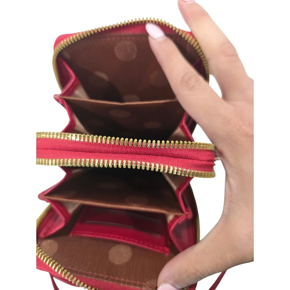 Mali Lilu Red Faux Leather Crossbody Phone‎ Wallet Bag with Gold Zippers